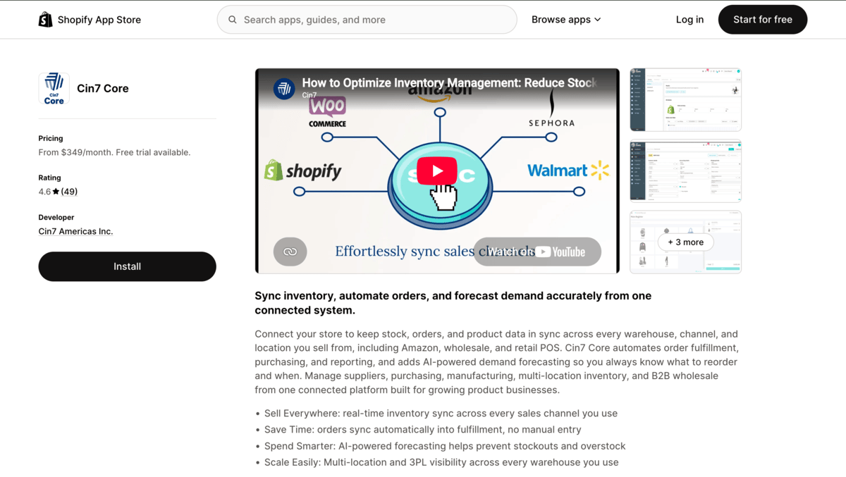 Cin7 core Shopify App Store page