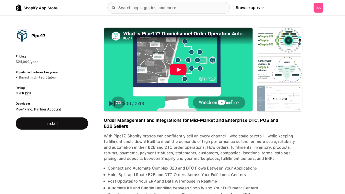 Pipe17 Shopify App Store page