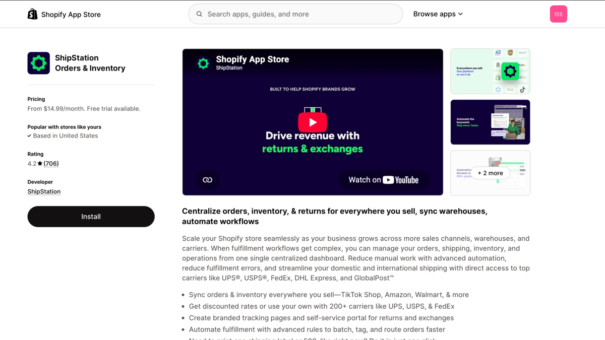 Shipstation Shopify App Store page