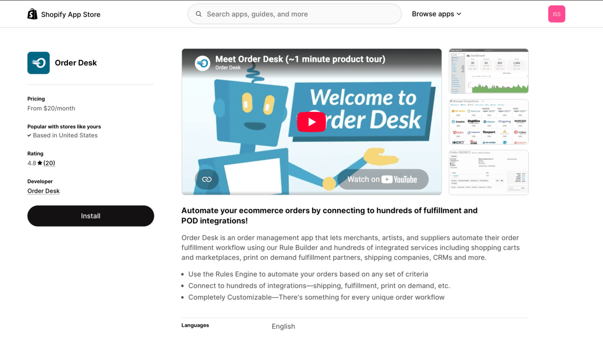 Order Desk Shopify App Store page