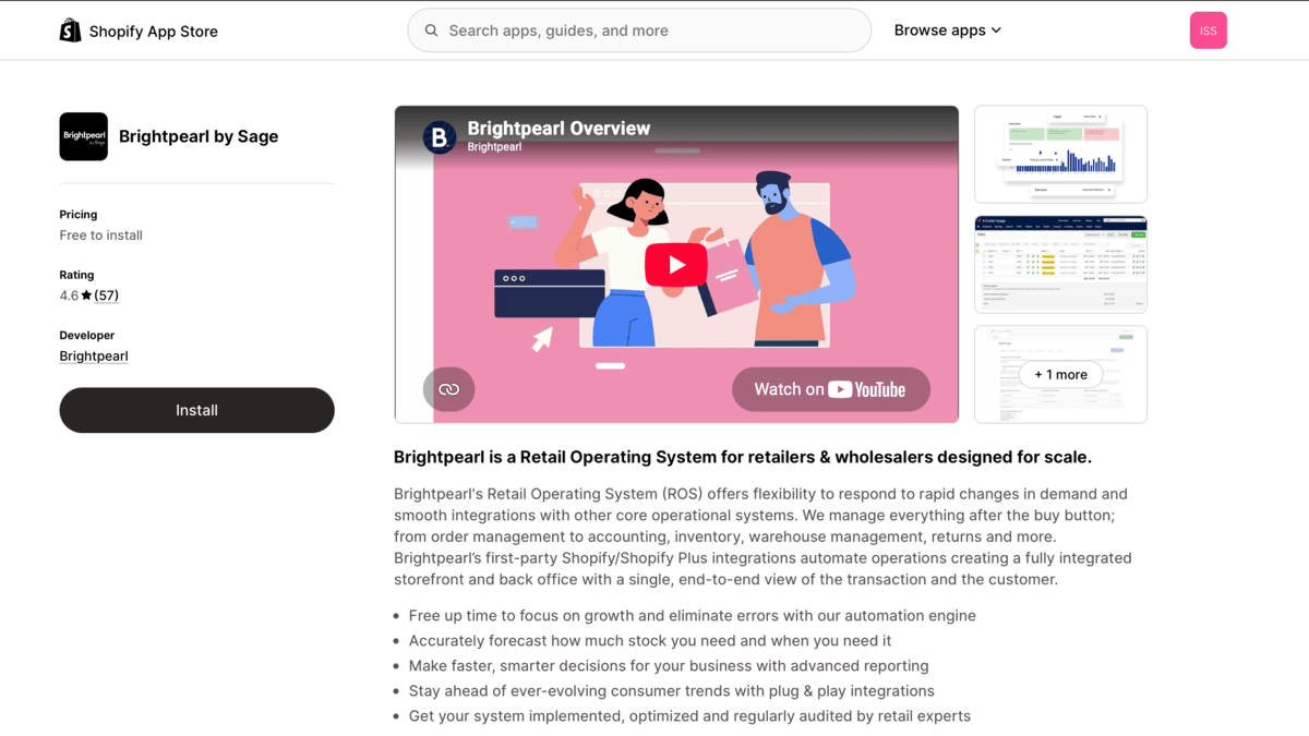 Brightpearl Shopify App Store page