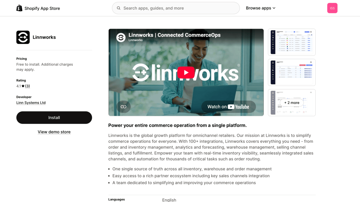 Linnworks Shopify App Store page