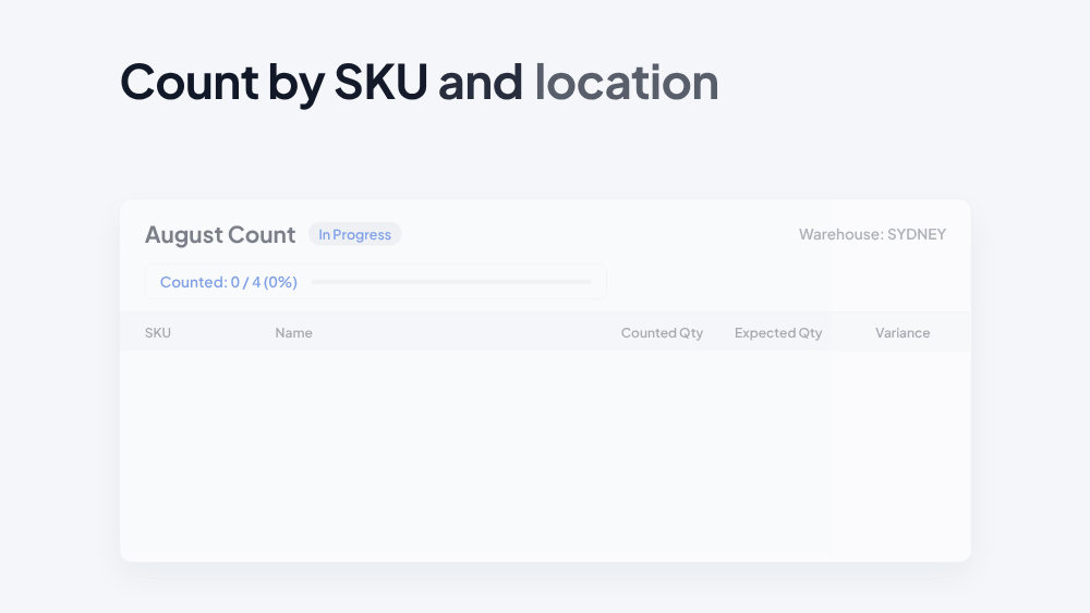 Sumtracker stocktake comparing counted and expected quantities by SKU, with variances highlighted and totals summarised