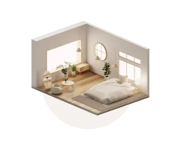 Minimalist bedroom with a low bed, wooden floor, large windows, plants, and simple furniture.