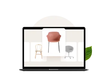 Laptop screen displaying a furniture selection interface featuring three chairs, with a red armchair highlighted in the center.