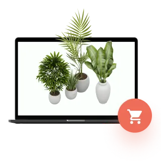 Laptop screen displaying four potted green houseplants with a red shopping cart icon overlay.