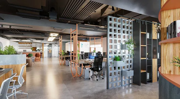 Modern open office space with desks, chairs, computers, and decorative plants, featuring industrial ceiling design and concrete floor.