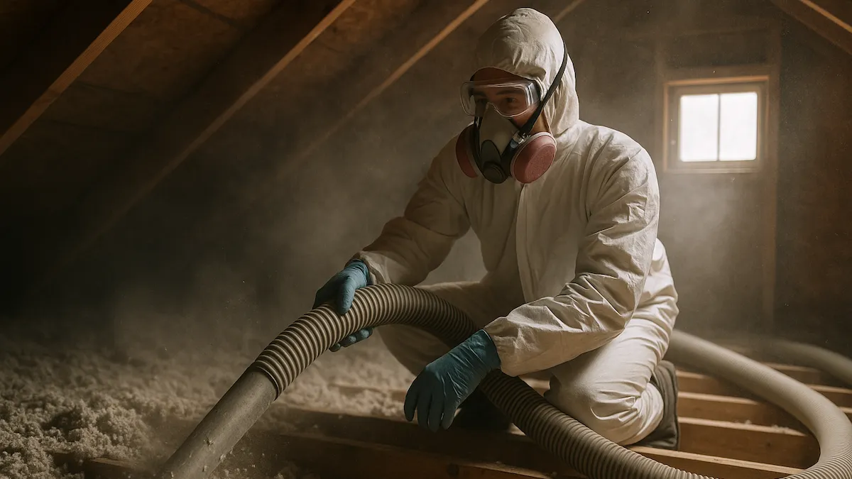 A man in protective gear and a white suit vacuums the attic, focusing on removing dust and debris.