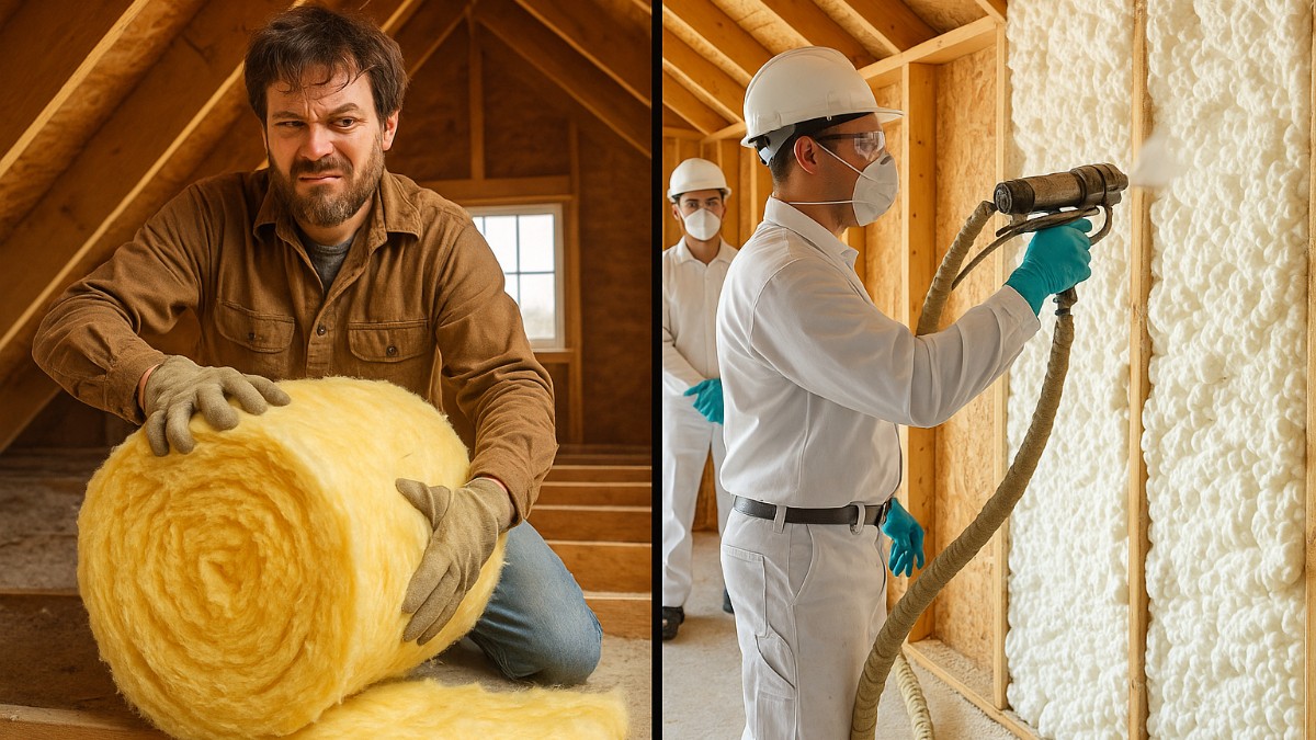 Split-screen: homeowner struggling with fiberglass insulation vs contractors cleanly installing spray foam.