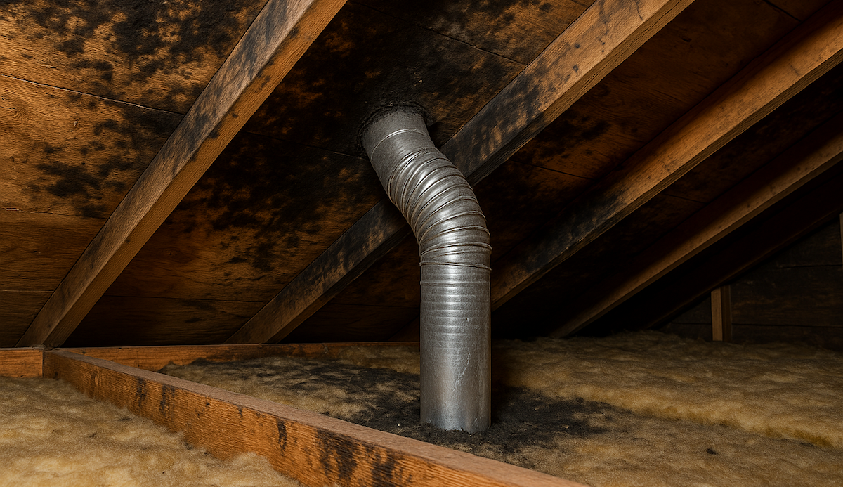 Attic interior with a bathroom vent pipe ending inside the space, showing black mold and dark stains spreading across nearby wooden rafters from poor ventilation.