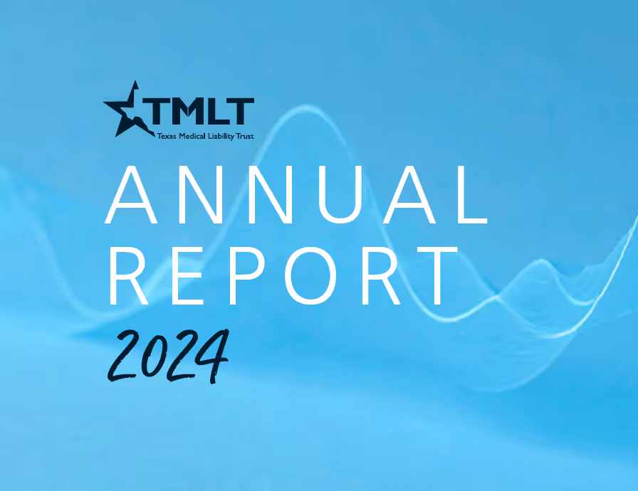 Cover of Texas Medical Liability Trust Annual Report 2024 with blue abstract wave background.