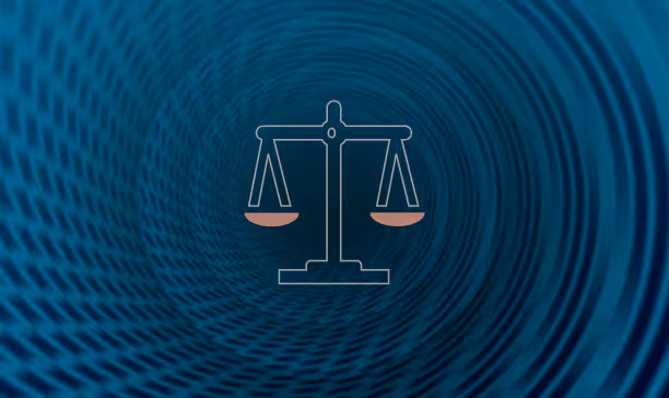 Outlined balance scale icon over a swirling blue tunnel background.