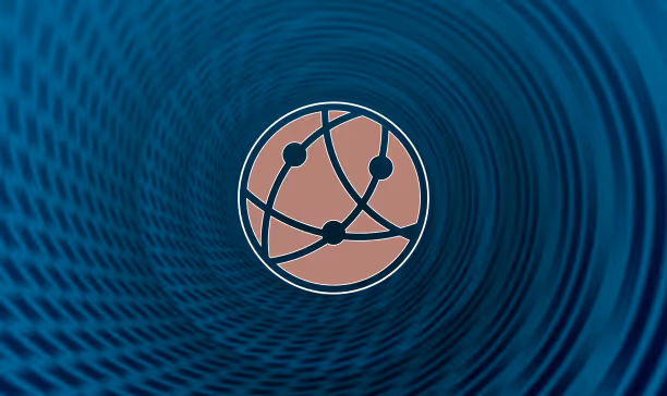 Abstract network globe icon with connecting nodes on a blue swirling tunnel background.