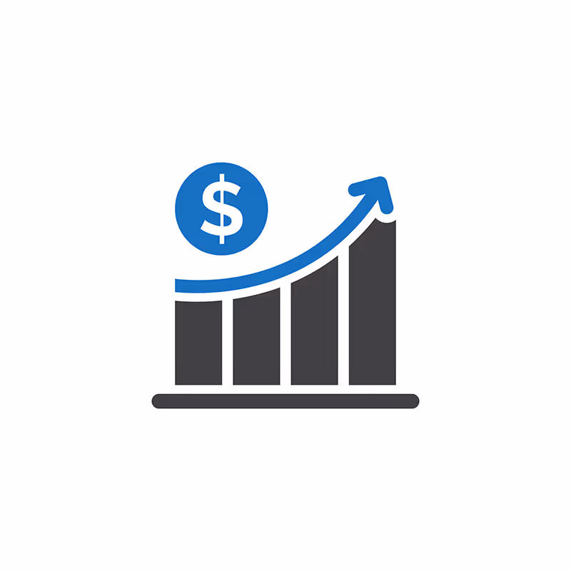 Bar chart with upward arrow and dollar symbol indicating financial growth.