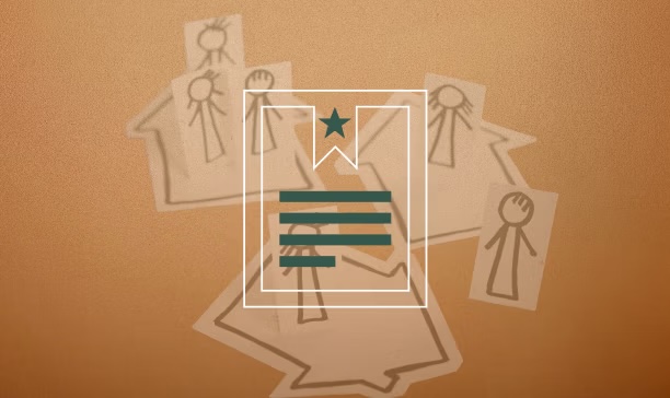 Paper cutouts of stick-figure people pinned on a brown board with a transparent overlay of a star and lines symbol.