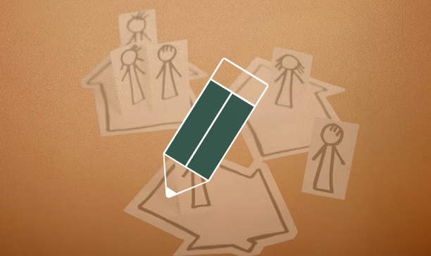 Hand-drawn stick figures on paper cutouts scattered on a brown surface with a pencil icon overlay.
