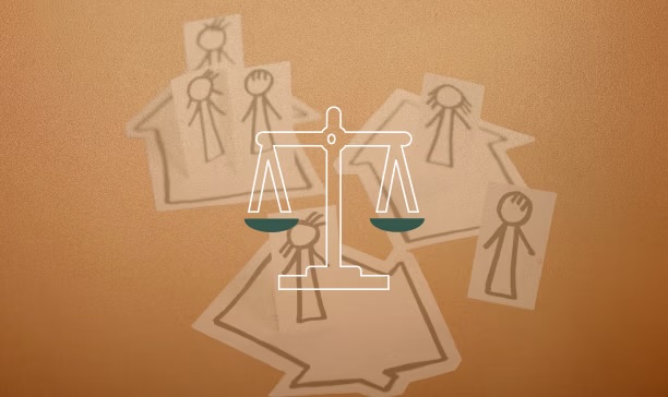 Balance scale icon overlaid on paper cutouts of stick figures and house shapes on a brown background.
