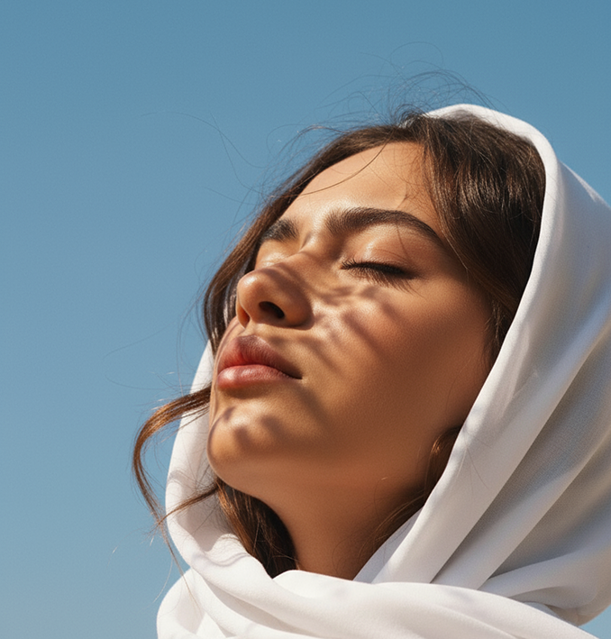 امرأة تلبس حجاب أبيض وتبدو هادئة
