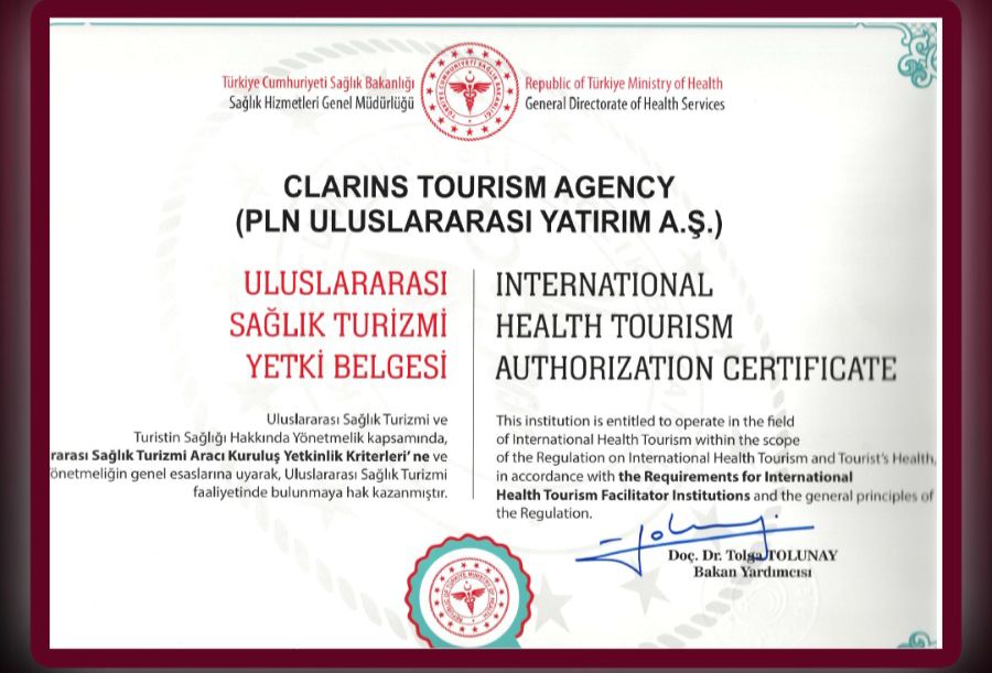 T.C. Sağlık Bakanlığı Uluslararası Sağlık Turizmi Yetki Belgesi - Clarins Tourism Agency (PLN Uluslararası Yatırım A.Ş.)