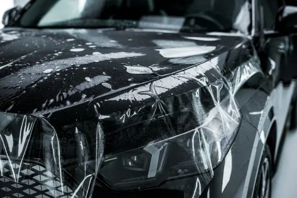 Close-up of a black car hood and front headlight covered with a clear protective film with water droplets on the surface.