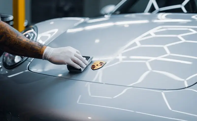 A gloved hand with a tattooed arm polishing the hood of a silver car near its emblem, reflecting ceiling lights.