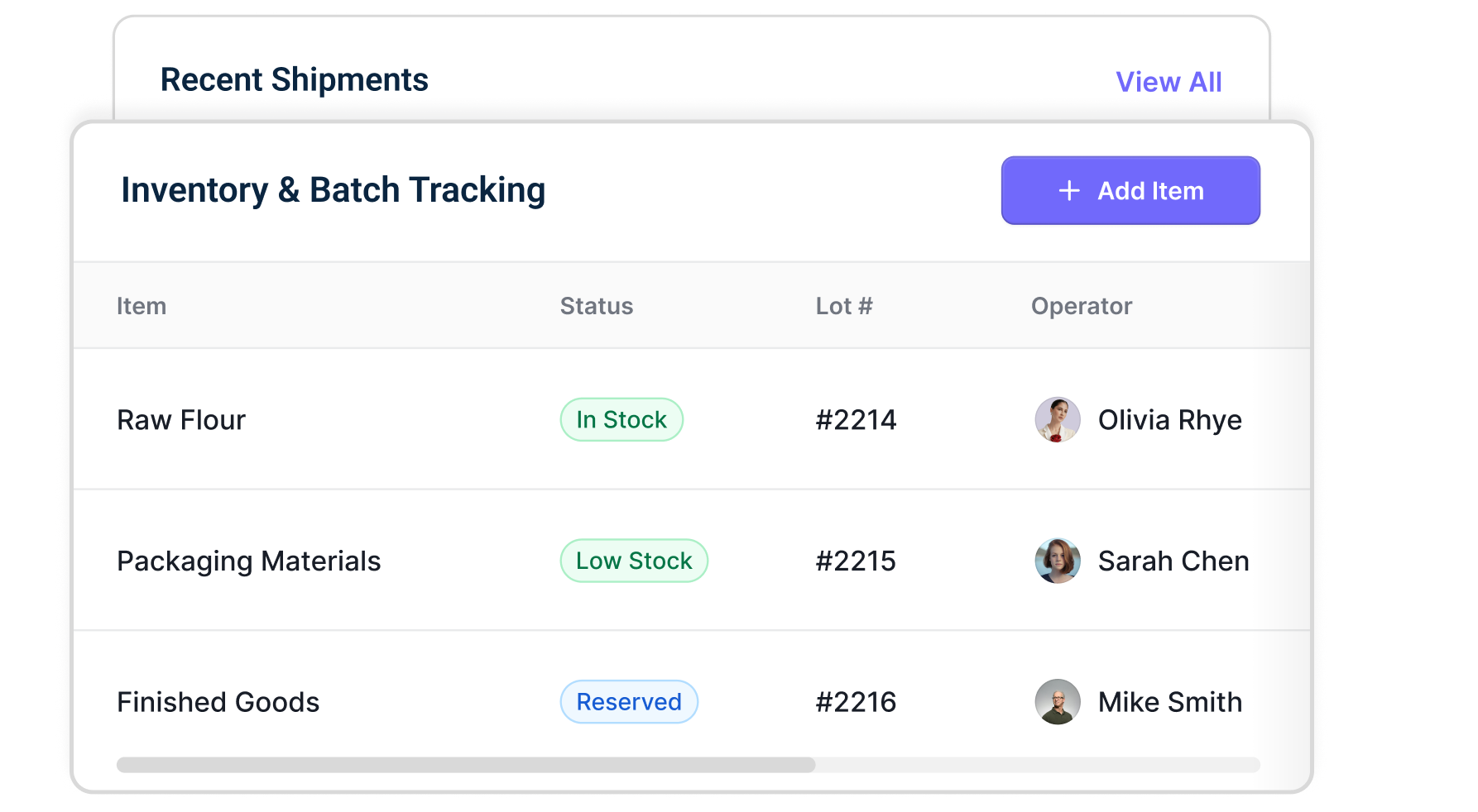 Food ERP Alternative Batch and Lot Dashboard