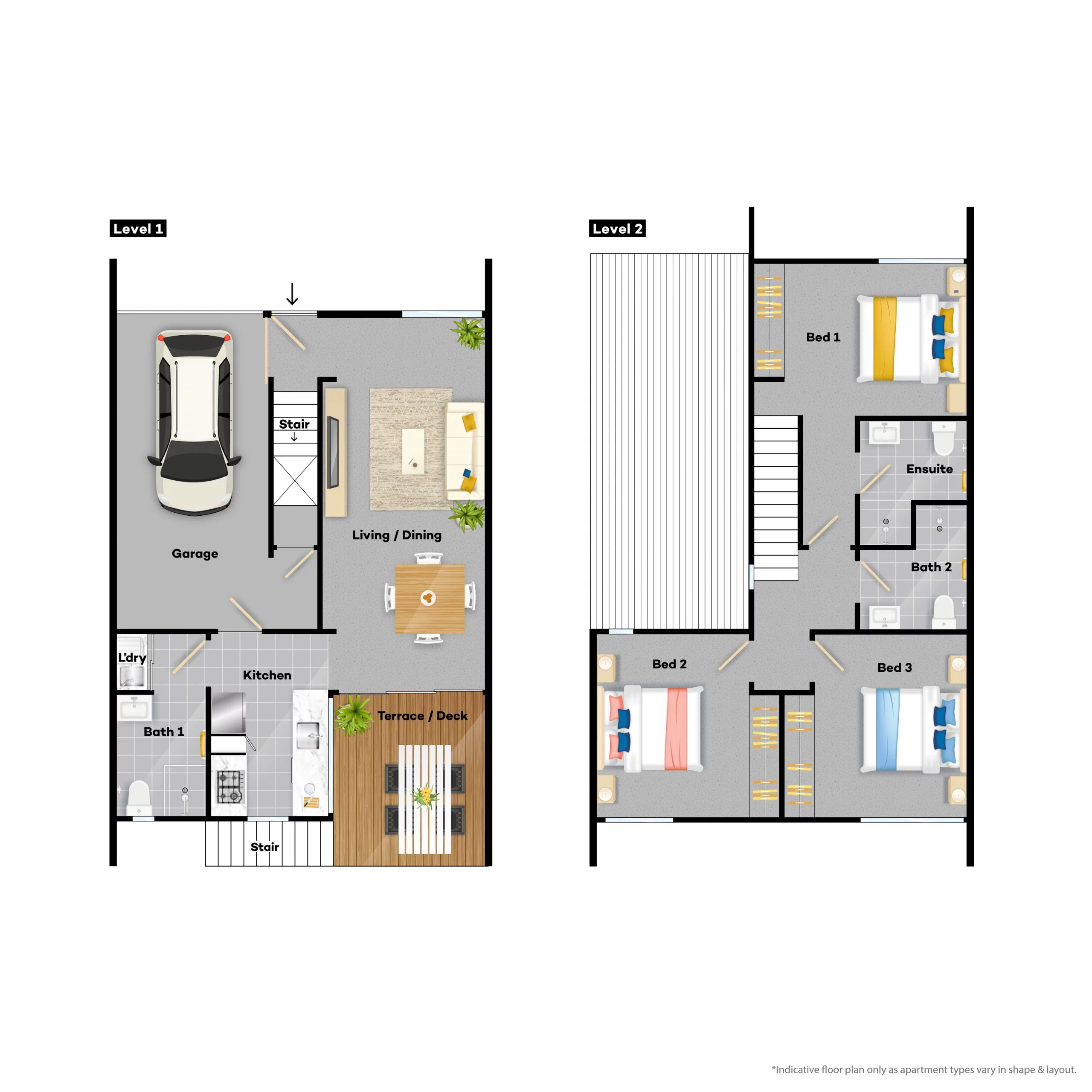 Two-level floor plan showing garage, living/dining, kitchen, terrace on level 1 and three bedrooms with two baths on level 2.