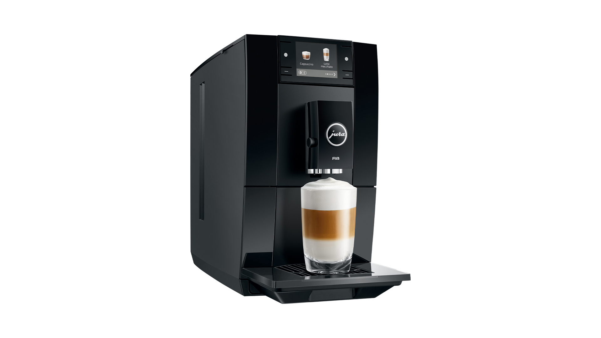 Three-quarter view of the JURA A8 automatic coffee machine.