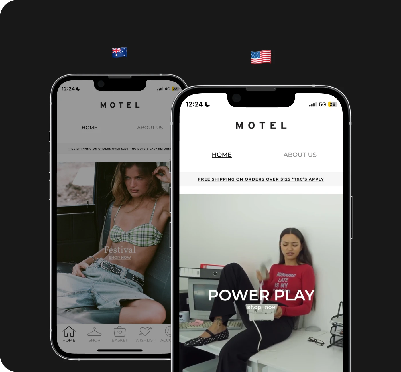 Two phone screenshots showing an eCommerce app, one with an Australian flag above and one with a USA flag