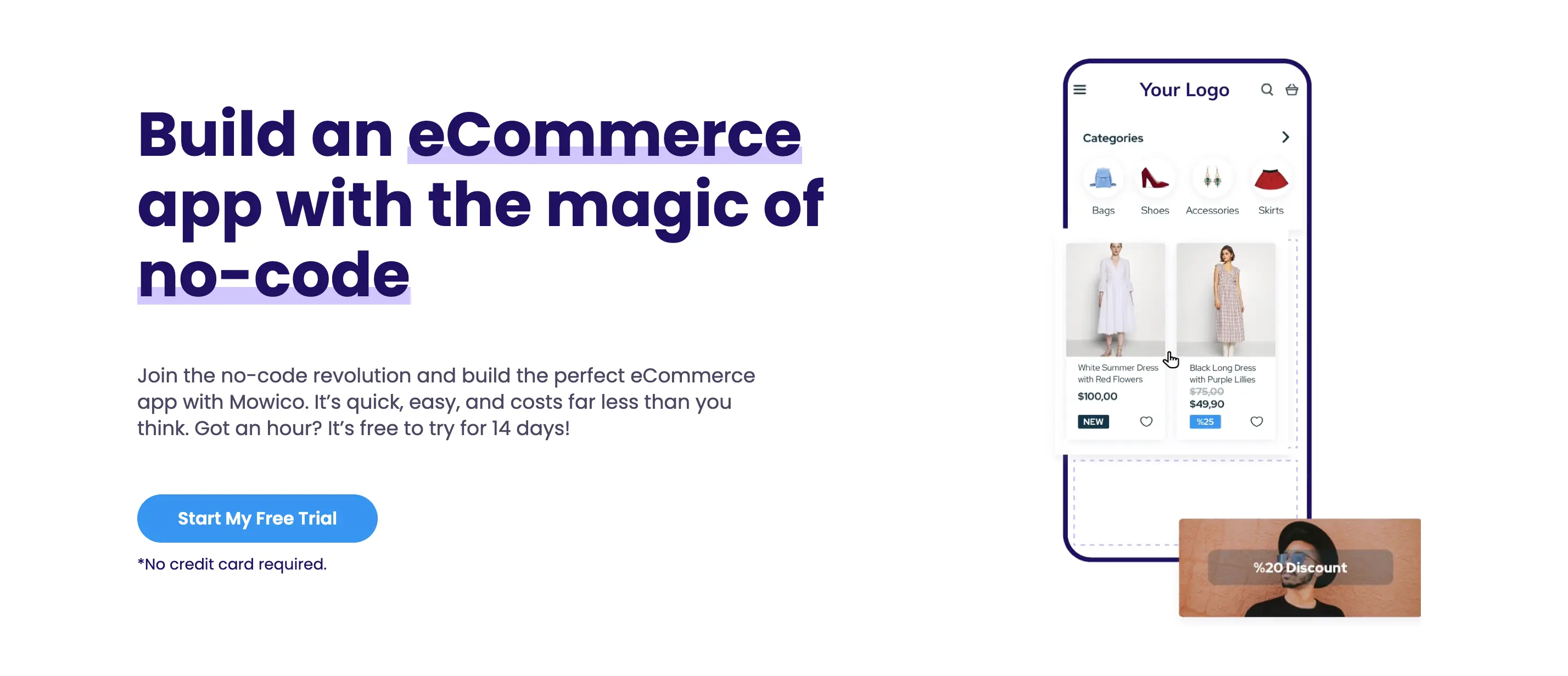 A screenshot of the Mowico website showing text and a phone mock-up