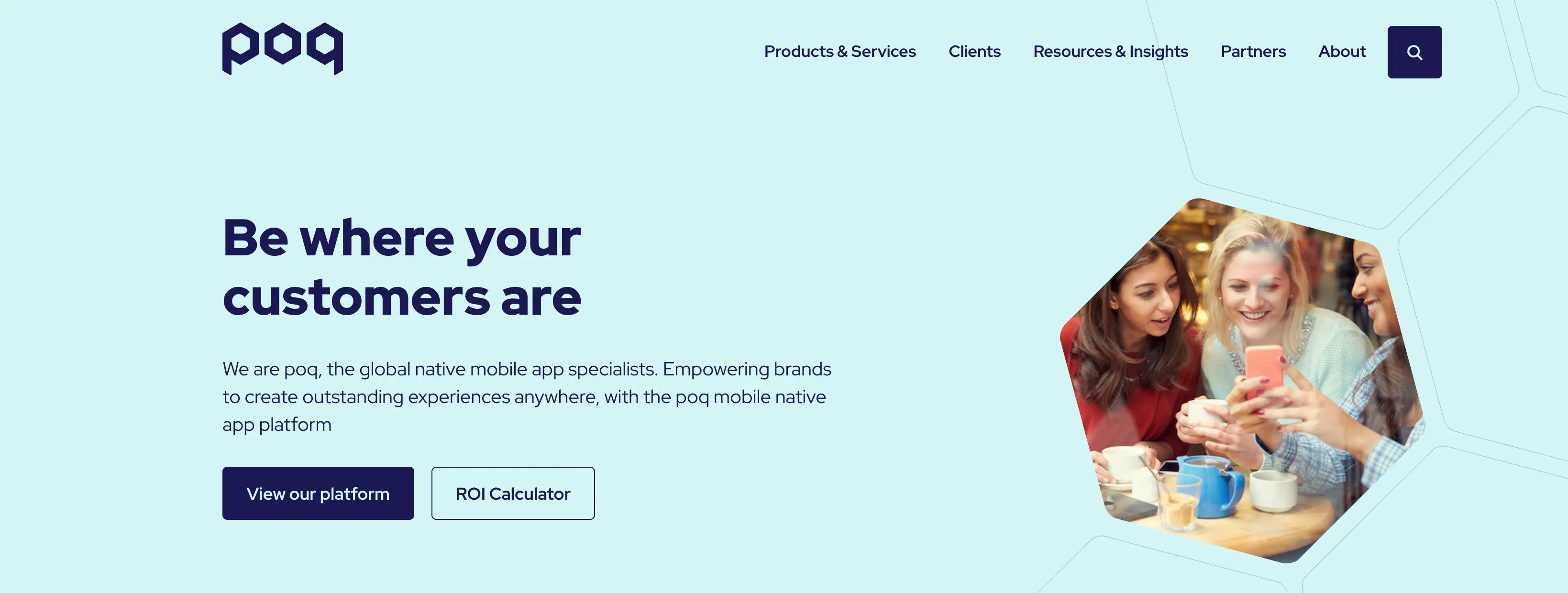 A screenshot of the POQ website showing text and an image of ladies holding a phone