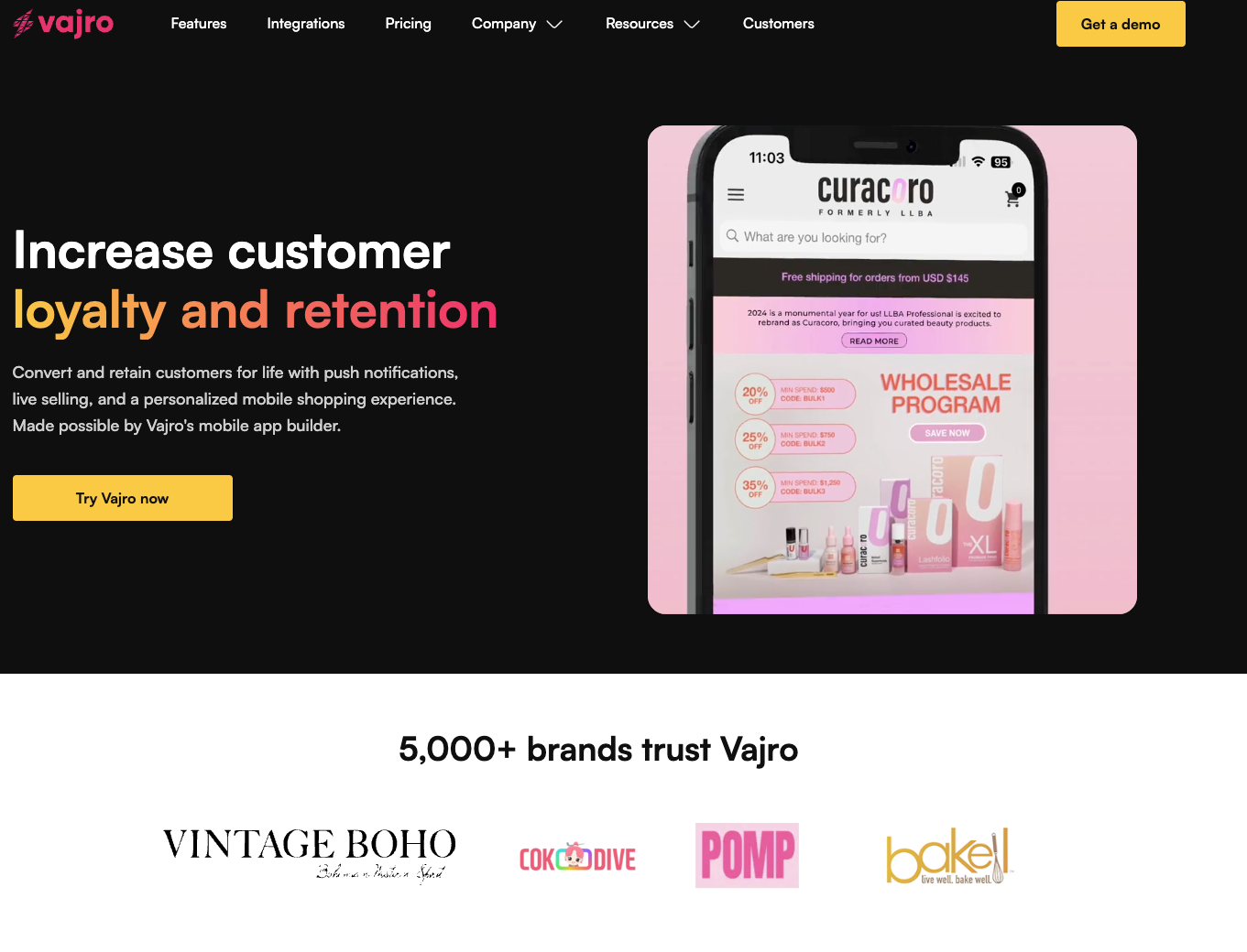 Vajro homepage highlighting loyalty and retention with mobile shopping app preview.
