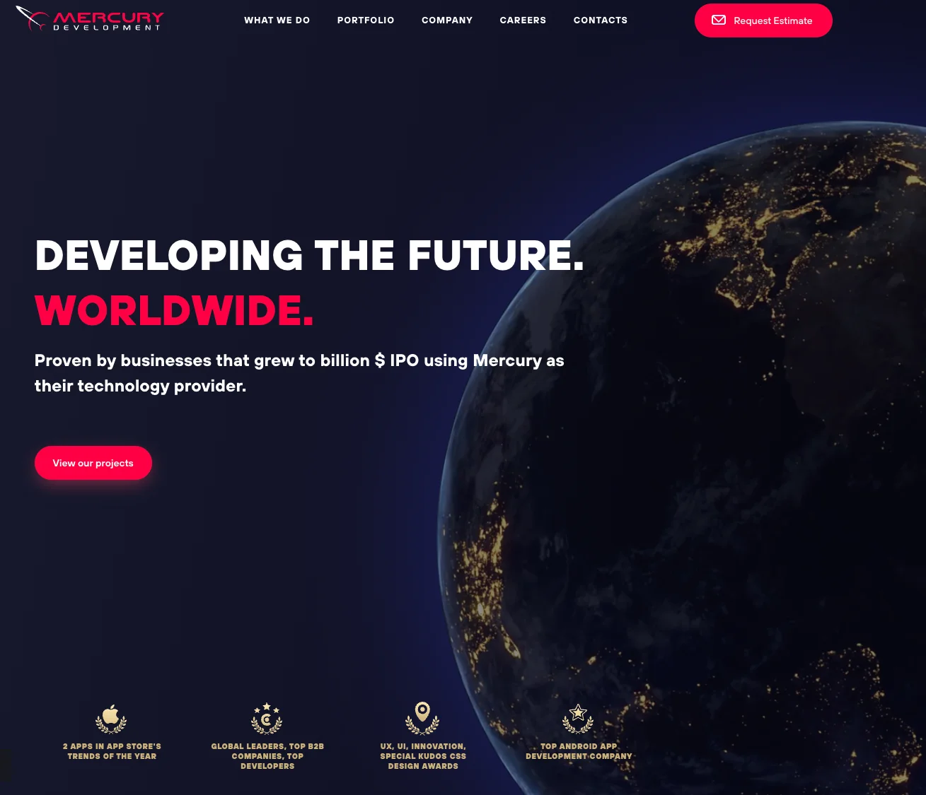 Mercury Development homepage with tagline Developing the Future. Worldwide.