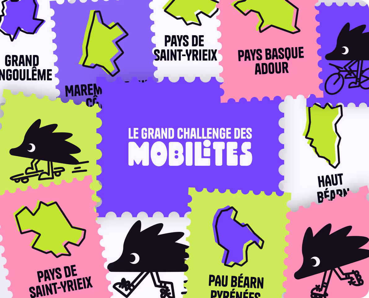 Timbres colorés représentant des régions françaises avec des silhouettes de hérissons en skateboard, roller, et vélo, centrés sur le texte « Le Grand Challenge des Mobilités ».