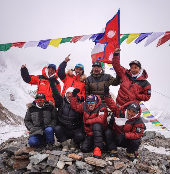 From top left: Dawa Tenji Sherpa, Mingma G, Dawa Temba Sherpa and Pem Chiri Sherpa. From bottom left: Mingma David Sherpa, Mingma Tenzi Sherpa, Nirmal Purja and Geljen Sherpa. (Not pictured: Kilu Pemba Sherpa and Sona Sherpa.) Pool photo by Nimsdai