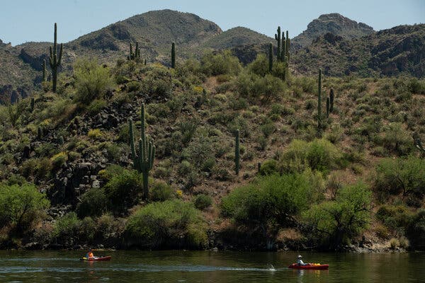 Saguaro cactus, desert buttes and wildflowers surround Saguaro Lake.