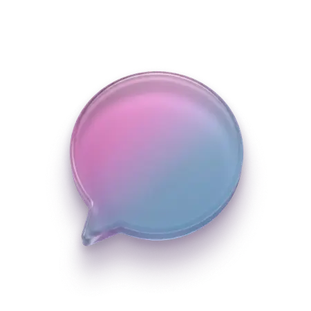 Glossy speech bubble icon with a gradient from pink to blue and a subtle shadow.