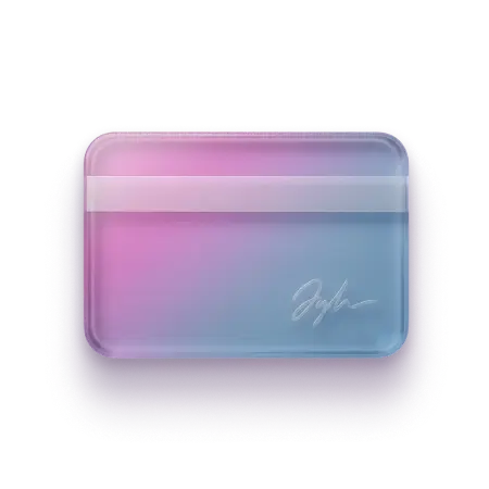 Stylized translucent credit card icon with gradient pink and blue hues and signature area.