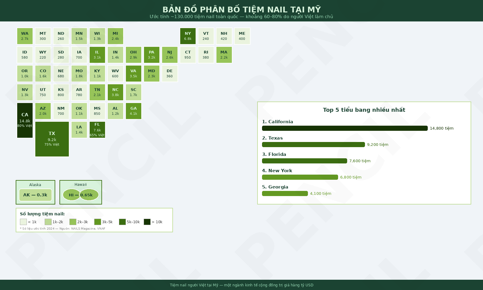 Bản đồ phân bố tiệm nail tại các tiểu bang Mỹ