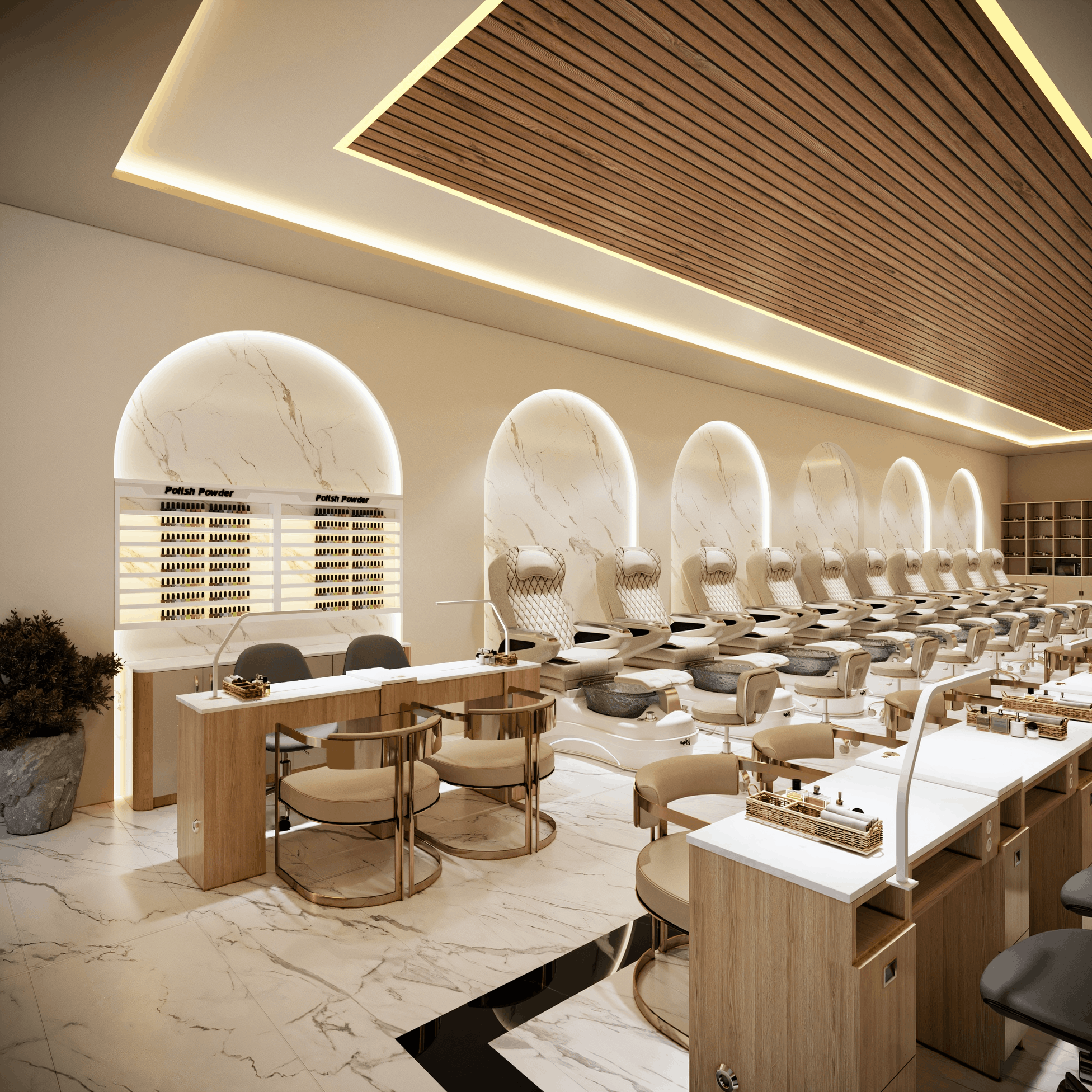 Nội thất tiệm nail ở Mỹ gồm bàn manicure, ghế pedicure và quầy reception