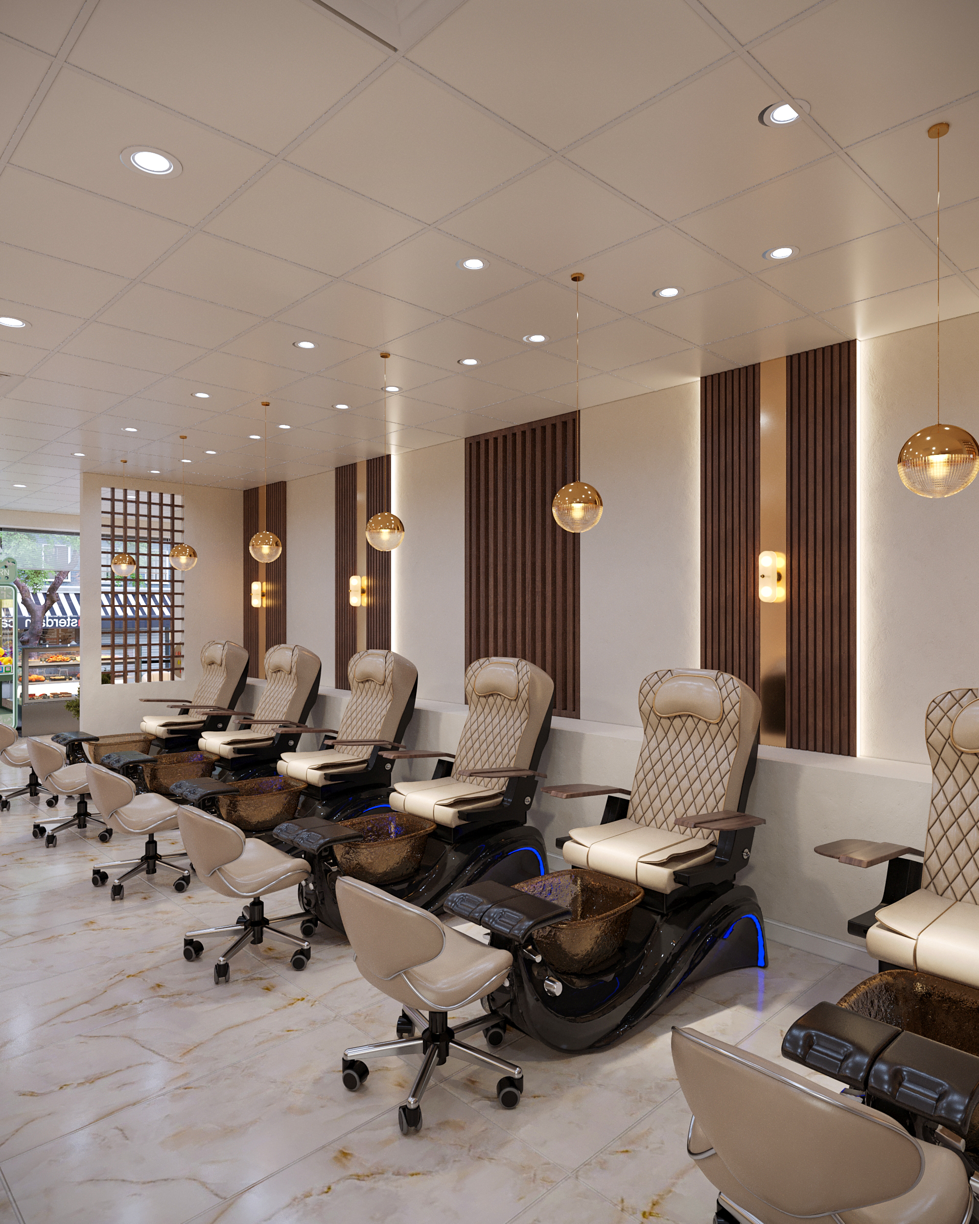 Thiết kế khu vực pedicure tiệm nail Mỹ với ghế pedicure bố trí thoáng và sang trọng
