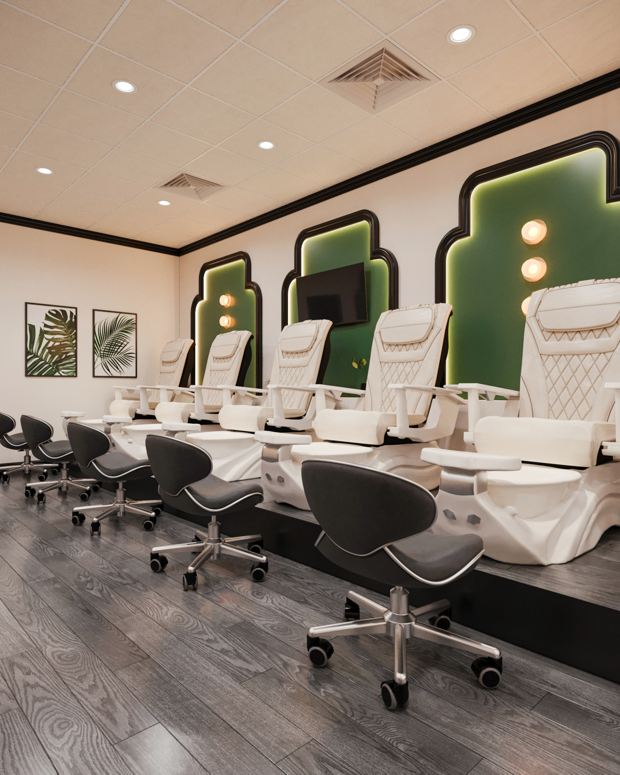  Khu vực pedicure tiệm nail với ánh sáng mềm và vật liệu dễ vệ sinh