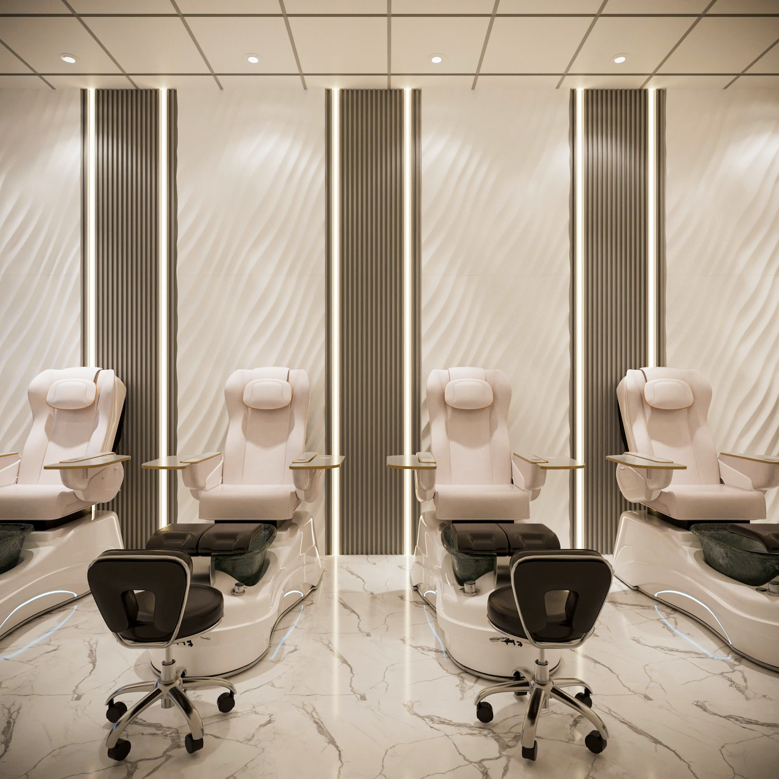 Nội thất tiệm nail tại Mỹ với khu pedicure tạo cảm giác spa thư giãn