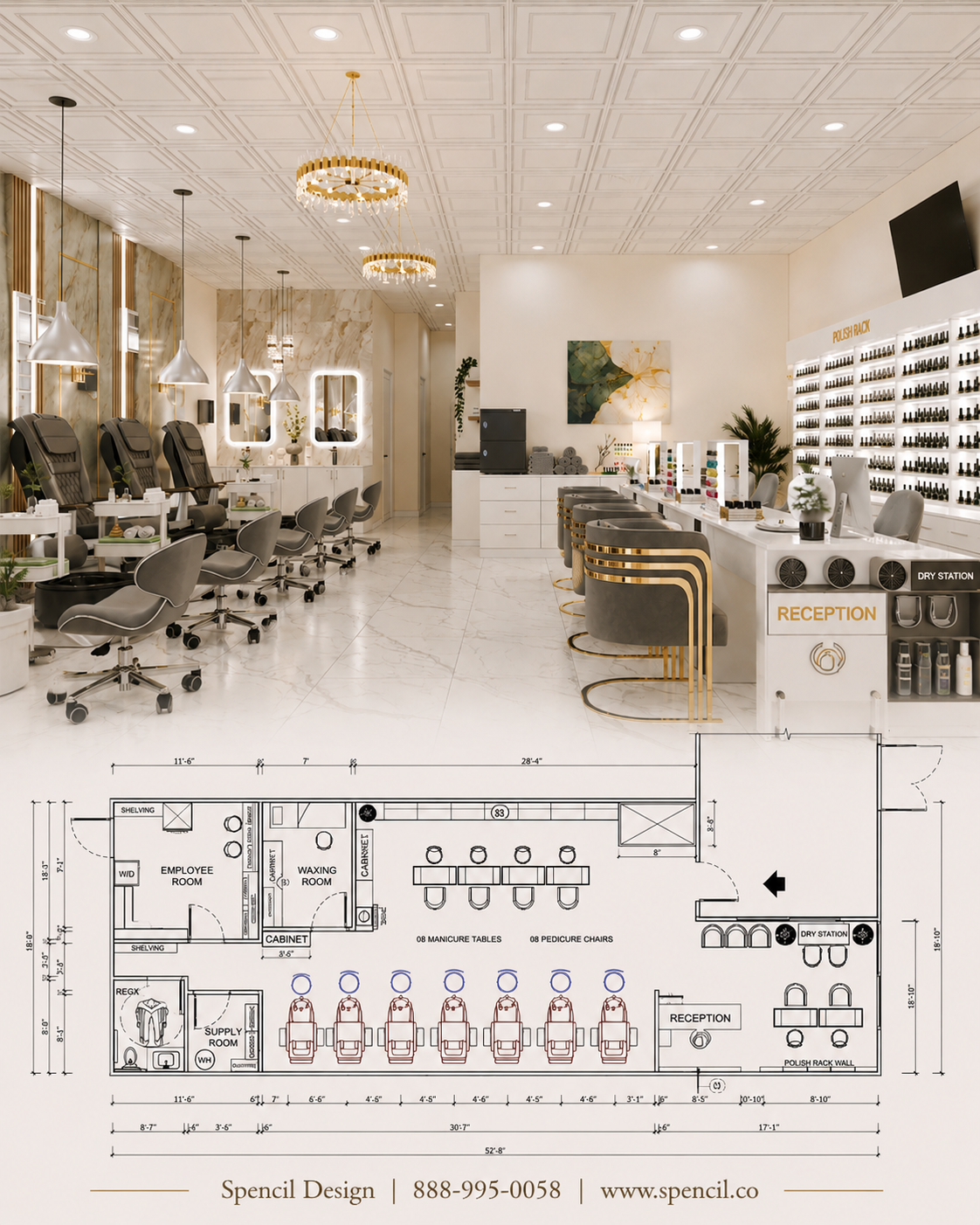 Dịch vụ thiết kế 3D tiệm nail từ layout mặt bằng đến phối cảnh render thực tế