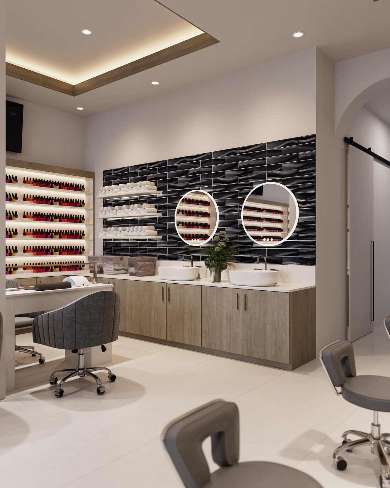 trang trí tiệm nail ở mỹ phong cách tối giản diện tích 1200 Sqft