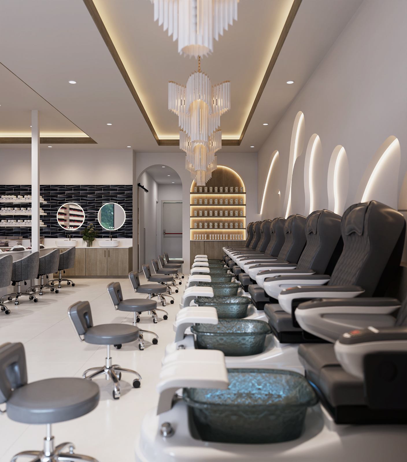 decor tiệm nail phong cách sang trọng cổ điển diện tích 2000 Sqft