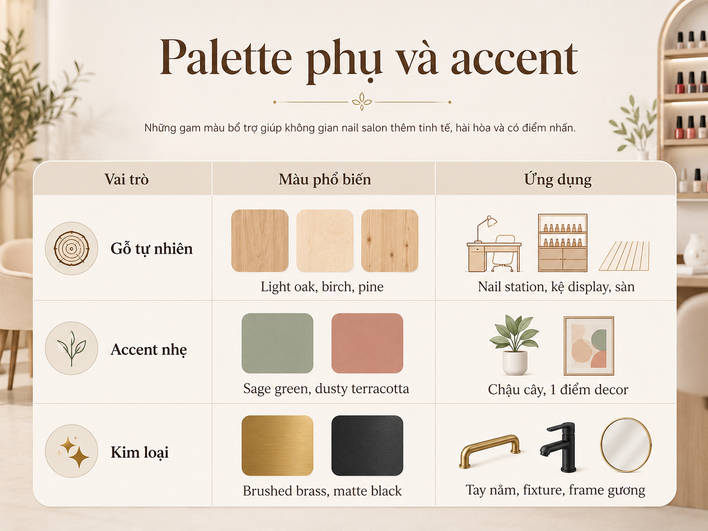 Tiệm nail Palette Màu Sắc và Vật Liệu Đặc Trưng