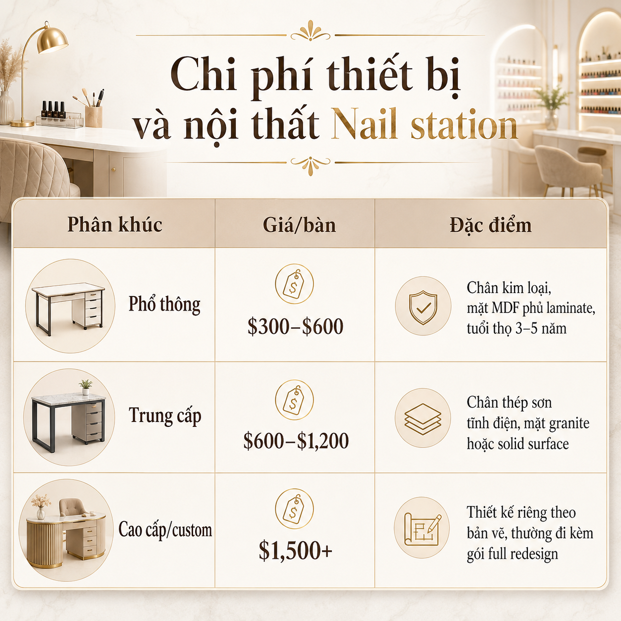Chi phí thiết bị và nội thất Nail station tiệm nail ở mỹ