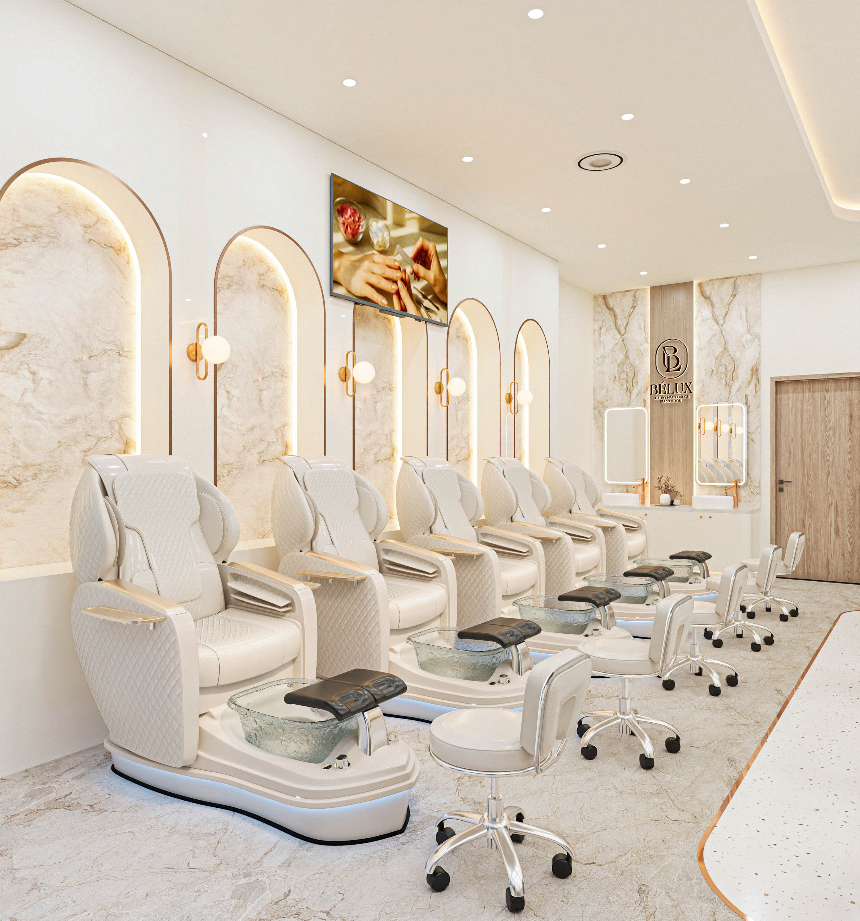 Ghế làm nail đẹp tại Mỹ - pedicure chair tone trung tính trong tiệm nail