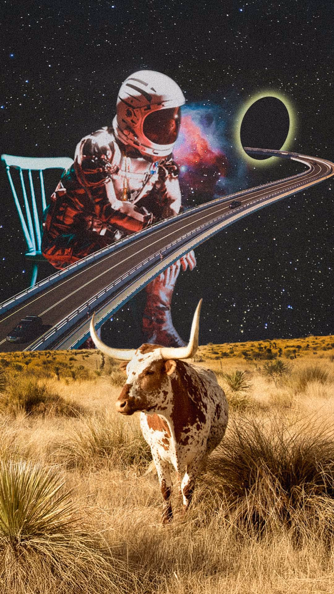 Surreal collage with a longhorn cow in a dry field, a large astronaut sitting on a chair against a starry sky, and a highway leading into a glowing black hole.